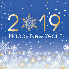 Wall Mural - 2019 Happy New Year card template. Design patern snowflakes with gold and blue color.