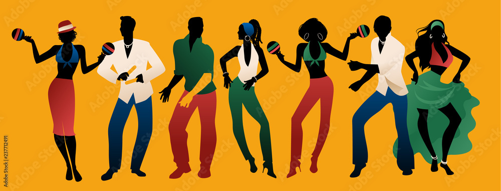 Salsa Party Time. Group of three men and four women dancing latin music. Two girls playing maracas and man playing the Claves. - obrazy, fototapety, plakaty 