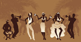 Salsa Party Time. Group of three girls dancing latin music and three musician playing bongos, trumpet and trombone. People and palm trees on the background