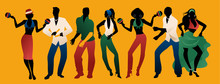 Salsa Party Time. Group Of Three Men And Four Women Dancing Latin Music. Two Girls Playing Maracas And Man Playing The Claves.