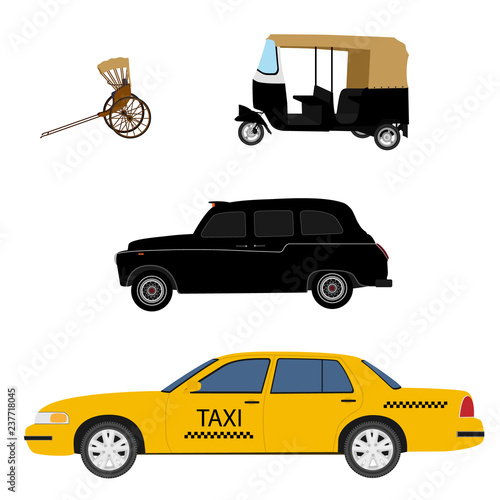 Cuadros en Lienzo Taxi cab icon set: yellow taxi, London cab, hand pulled rickshaw and indian tuk-tuk
