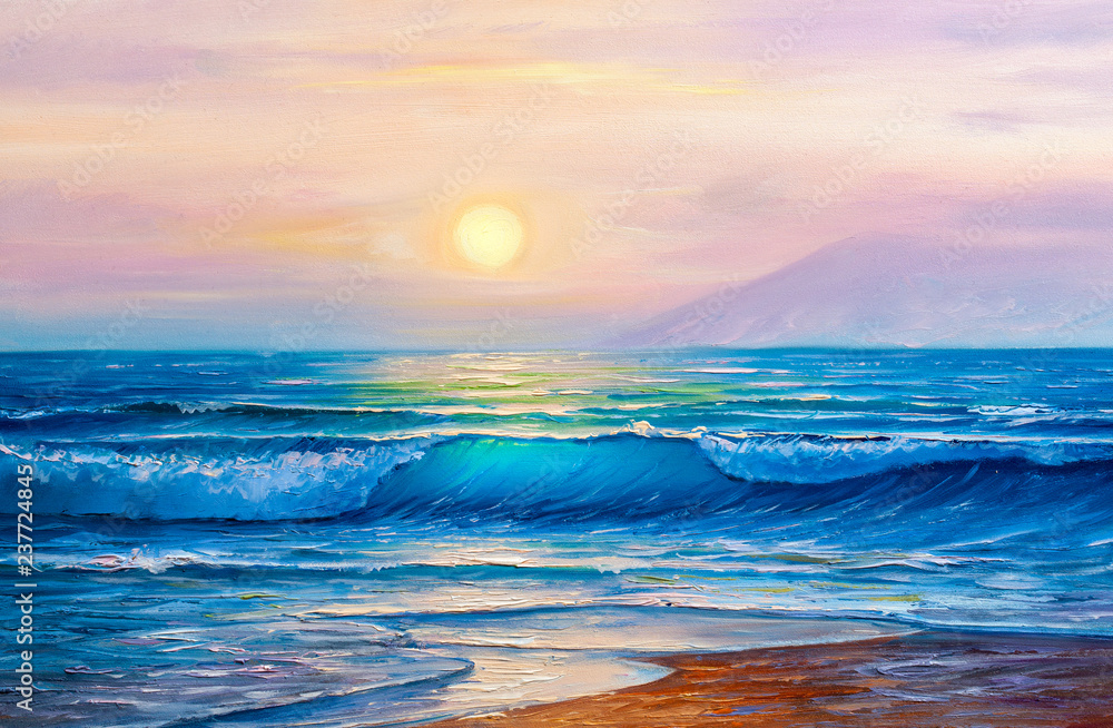 Sunset over sea, painting by oil on canvas. Stock Photo | Adobe Stock