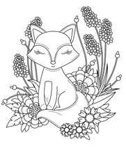 Coloring Book Page For Adult And Kids. Cute Little Cartoon Fox With Abstract Flowers And Leaves