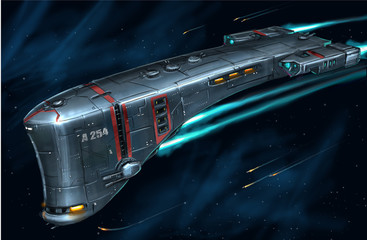 Wall Mural - Concept art digital painting or illustration of movie or computer game style of sci-fi or science fiction spaceship in space.