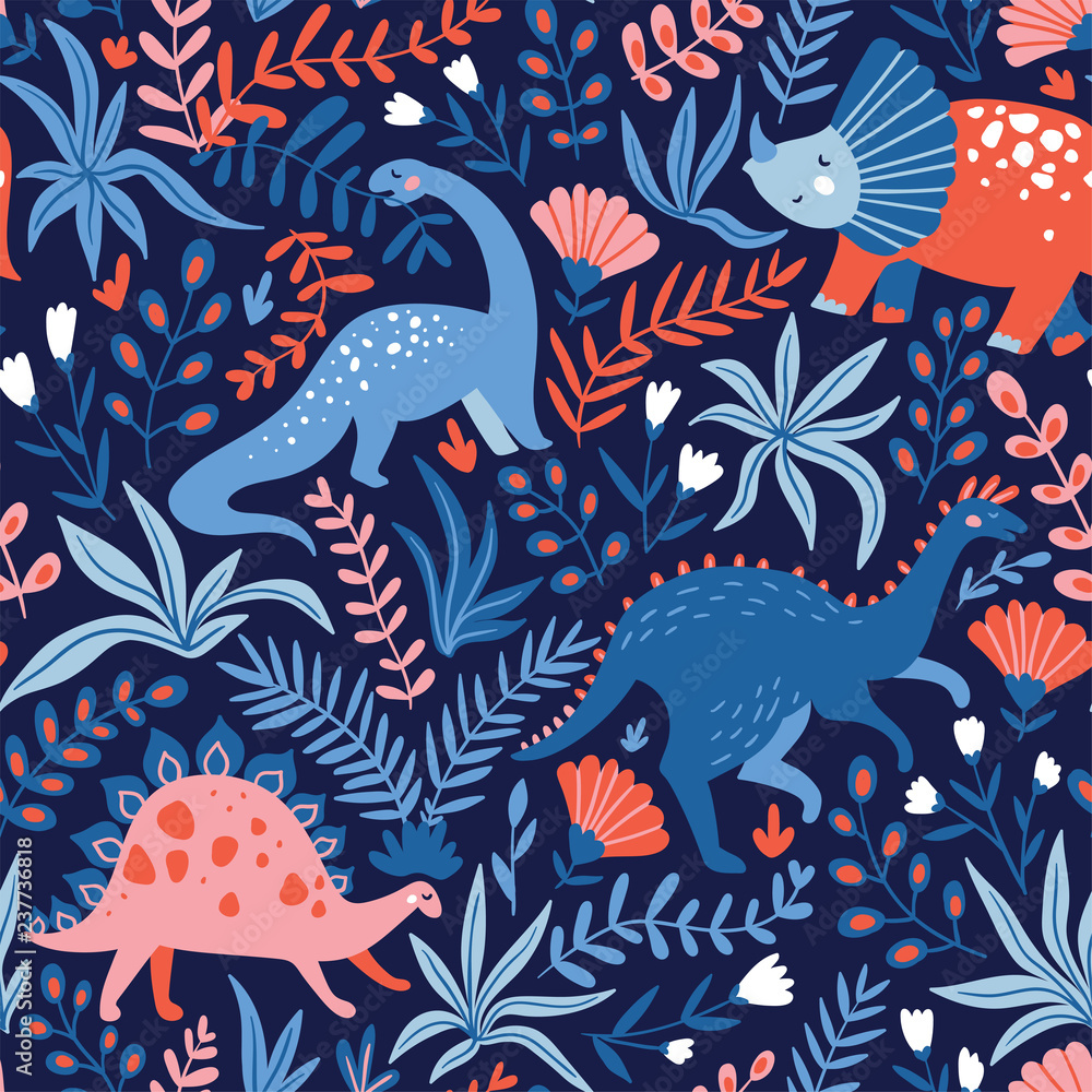 Hand drawn seamless pattern with dinosaurs and tropical leaves and ...