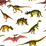 Fototapeta Dinusie - Dinosaurs and pterodactyl types of animals seamless pattern isolated on white background vector.