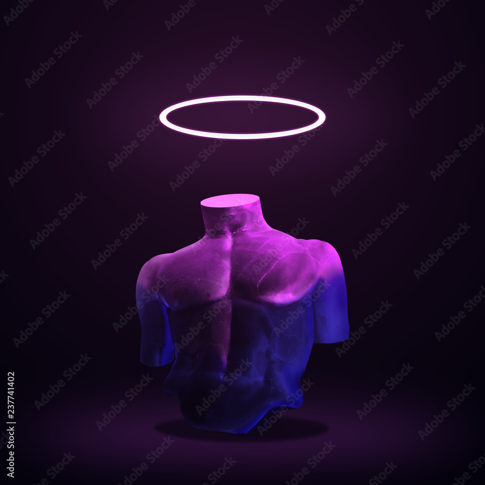 Body of statue in bold pink and blue neon colors on dark background. Minimal art fantasy concept. - obrazy, fototapety, plakaty 