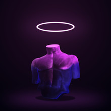 Body Of Statue In Bold Pink And Blue Neon Colors On Dark Background. Minimal Art Fantasy Concept.