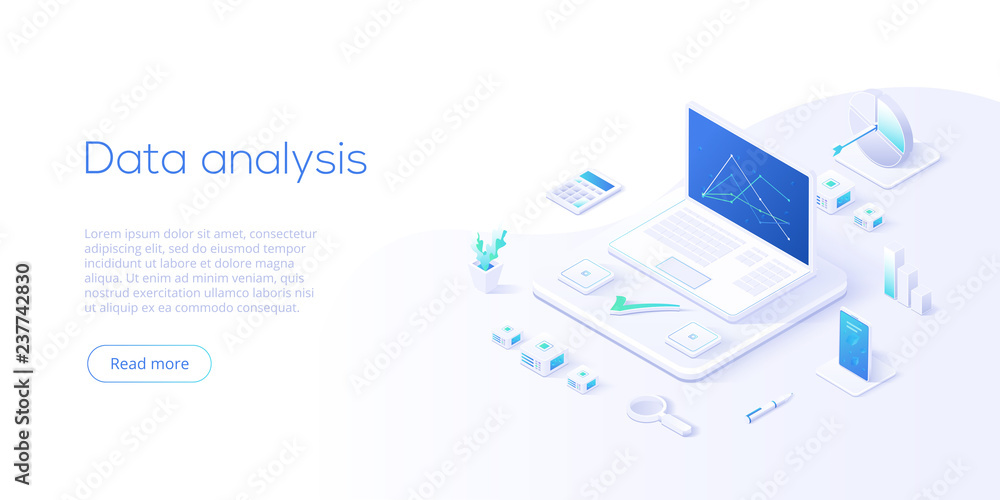 Data analysis isometric vector illustration. Abstract 3d datacenter or data center room background. Network mainframe infrastructure website header layout. Computer storage or farming workstation. - obrazy, fototapety, plakaty 