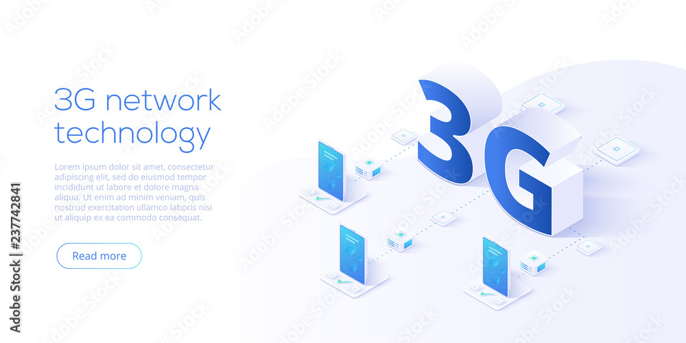 3g network technology in isometric vector illustration. Wireless mobile telecommunication service concept. Marketing website landing template. Smartphone internet speed connection background. - obrazy, fototapety, plakaty 
