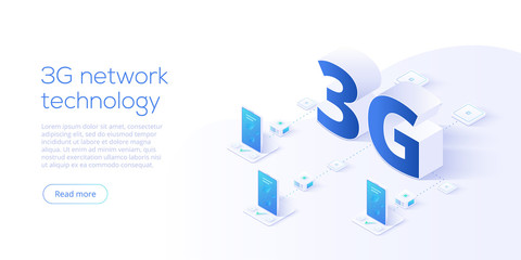 3g network technology in isometric vector illustration. Wireless mobile telecommunication service concept. Marketing website landing template. Smartphone internet speed connection background.