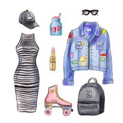  hand painted fashion illustration.fashion set of accessories and stuff for the fall, fashion concept. hipster look.