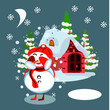 © Luiza - Winter village background with snow covered houses, pine forest and snowman in Santa hat