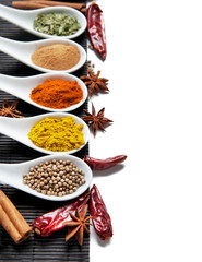 Wall Mural - Top view on mixed dry colorful spices isolated on white background.