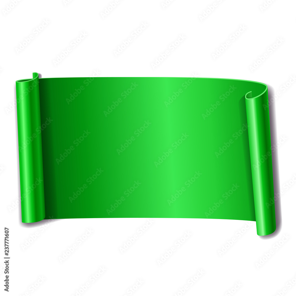 Green scroll isolated on white background. Paper roll banner 3D. Ribbon  design for Christmas frame, New Year decoration, curved retro border.  Smooth realistic texture. Vector illustration Stock Vector | Adobe Stock, image size:1000x1000