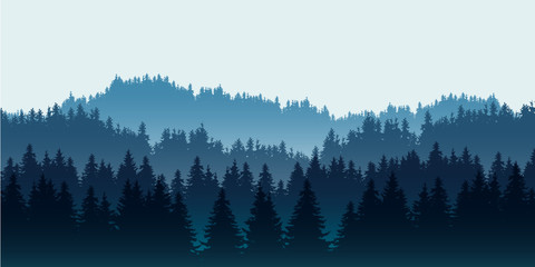 Poster - Realistic illustration of coniferous forest on hills in multiple layers, under blue sky and space for text, vector