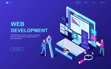 Modern flat design isometric concept of Web Development decorated people character for website and mobile website development. Isometric landing page template. Vector illustration.