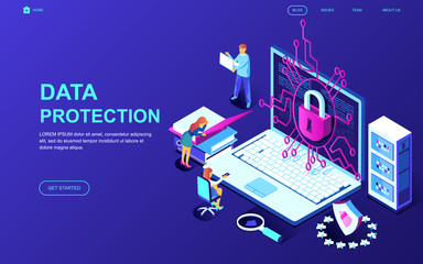 Modern flat design isometric concept of Data Protection decorated people character for website and mobile website development. Isometric landing page template. Vector illustration.