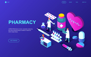 Poster - Modern flat design isometric concept of Pharmacist in Pharmacy decorated people character for website and mobile website development. Isometric landing page template. Vector illustration.