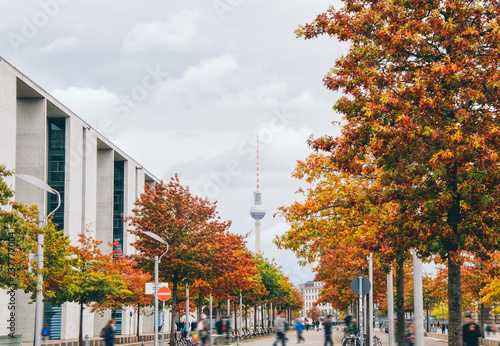 Photo Berlin Tv Tower and foliage trees in Berlin, Germany