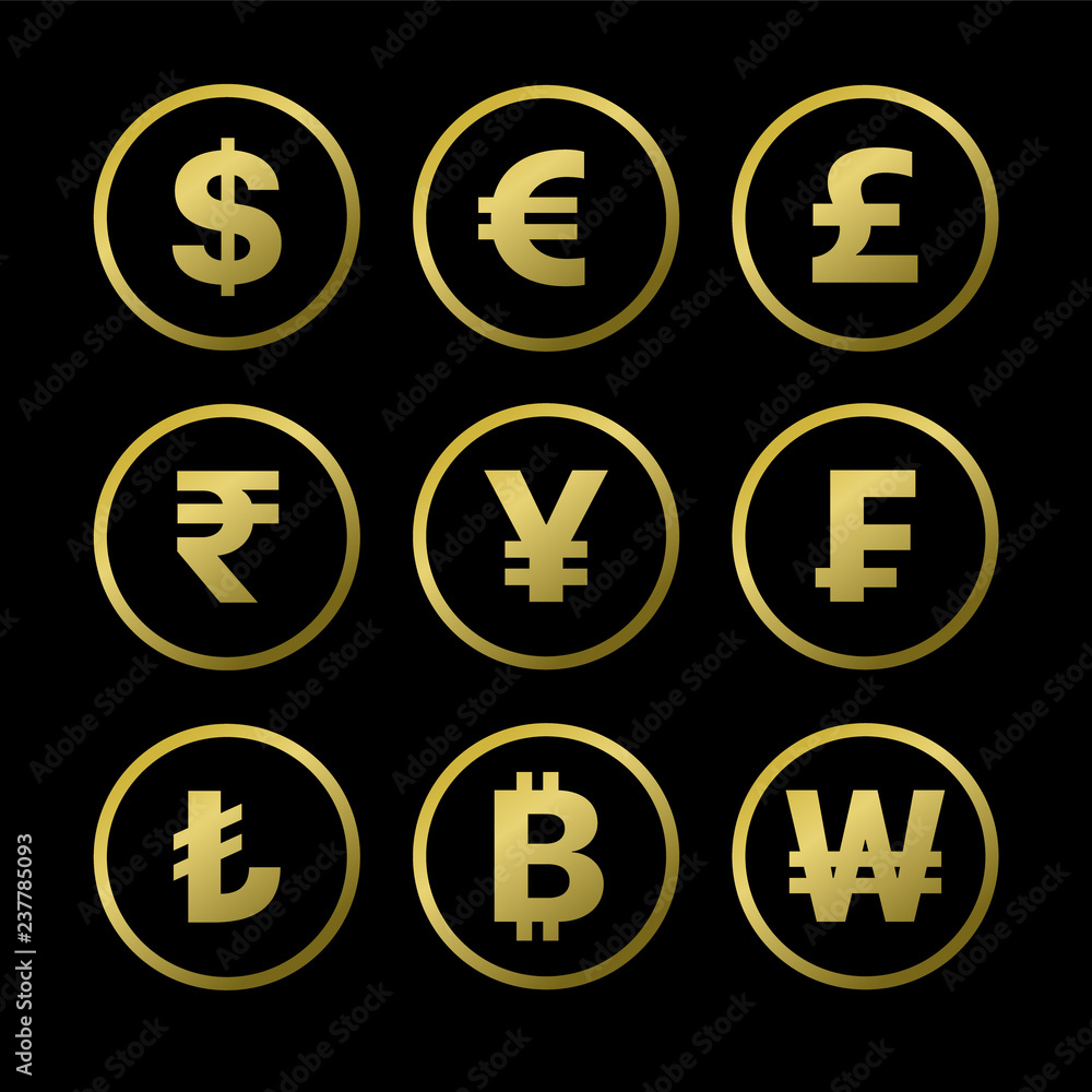 Image vectorielle Stock Golden currency exchange sign icons on dark  background. Dollar, euro, pound sterling, rupee, yen, franc, lira, bitcoin,  won symbols in circles. Vector illustration. | Adobe Stock
