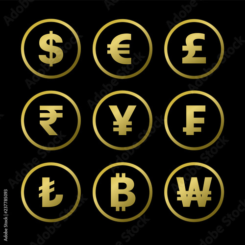 Golden Currency Exchange Sign Icons On Dark Background Dollar