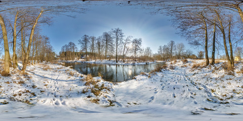 Wall Mural - full seamless spherical panorama 360  degrees angle view near narrow fast river in a winter sunny evening. 360 panorama in equirectangular projection. VR AR virtual reality content