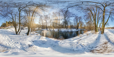 Wall Mural - full seamless spherical panorama 360  degrees angle view near narrow fast river in a winter sunny evening. 360 panorama in equirectangular projection. VR AR virtual reality content