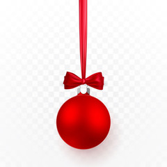 red christmas ball with red bow. xmas glass ball on transparent background. holiday decoration templ