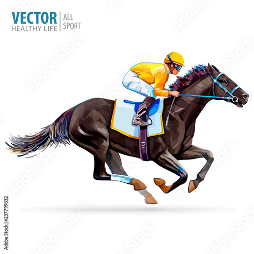Jockey On Racing Horse Champion Hippodrome Racetrack Jump Racetrack Horse Riding Vector Illustration Derby Isolated On White Background Stock Vector Adobe Stock