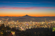 Portland downtown and Mt Hood at dawn