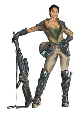 Concept art digital fantasy painting or illustration of beautiful sexy female soldier woman in gear posing with riffle.