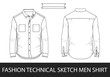 Fashion technical sketch men shirt with long sleeves and patch pockets in vector.