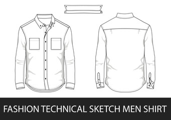 Wall Mural - Fashion technical sketch men shirt with long sleeves and patch pockets in vector.