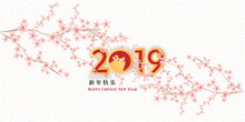 Happy Chinese New Year, Paper Art Plum Blossom Flowers And Over The Clouds Pig Design, Happy Pig Year In Chinese Words, Zodiac 2019