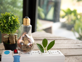 Wall Mural - light bulb with coin and tree on wood table. concept of cost reduction and reduce energy. the use of