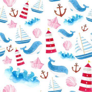 seamless watercolor hand draw background mix sea elements sea wave sailboat  Whale lighthouse anchor shellfish