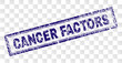 CANCER FACTORS stamp seal imprint with rubber print style and double framed rectangle shape. Stamp is placed on a transparent background.