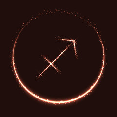 Wall Mural - Astrological symbol of Sagittarius. Abstract vector shiny western Zodiac Horoscope sign and crescent moon on dark red background.