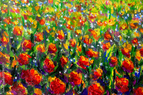 Obrazy Claude Monet  czerwone-maki-tulipany-roza-kwiaty-w-zielonej-trawie-szpachla-obrazy-tlo-monet-malarstwo