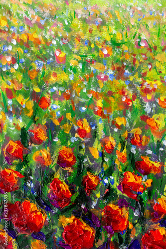 Dekoracja na wymiar  czerwone-maki-tulipany-roza-kwiaty-w-zielonej-trawie-szpachla-obrazy-tlo-monet-malarstwo