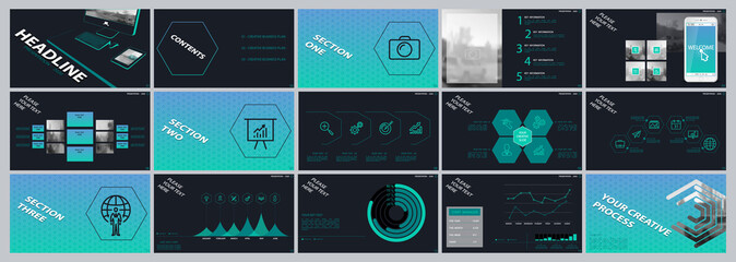 Green, blue, elements for infographics on a black background.best set of presentation templates.Use in the presentation, postcard and flyer, corporate report,marketing,advertising,annual report,banner