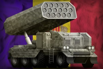 rocket artillery, missile launcher with grey camouflage on the Andorra national flag background. 3d Illustration