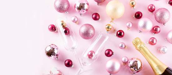 Wall Mural - Christmas party with champagne on pink background banner