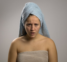 pissed off girl after shower with two towels