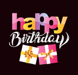 Fototapeta Na sufit - Happy birthday lettering color banner with present gift