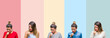 © Krakenimages.com - Collage of young beautiful woman over colorful vintage stripes isolated background feeling unwell and coughing as symptom for cold or bronchitis. Healthcare concept.