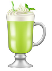 Wall Mural - A glass of matcha green tea with tea leaves. Vector illustration.