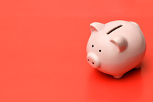 .Pink Piggy Bank Stands On The Right On A Red Background With A Shadow. On The Left There Is A Place In Copyspace.