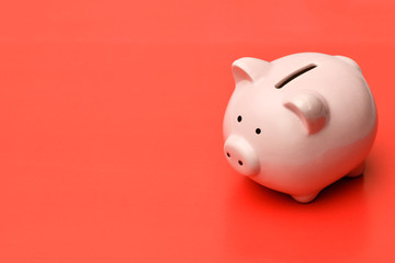 .Pink piggy Bank stands on the right on a red background with a shadow. On the left there is a place in copyspace.